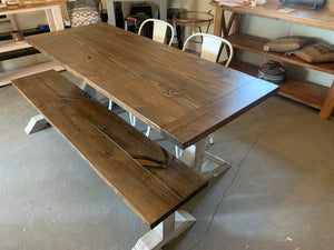 6ft Narrow Pedestal Table with Chairs and Bench (Distressed White Dark Walnut)