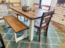 Load image into Gallery viewer, Farmhouse Dining Set - Bench Seating - Early American, Antique White - Wooden Kitchen or Dining Room Table - Rustic Farmhouse Style
