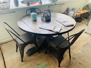 4ft Round Pedestal Farmhouse Table Set with Metal Chairs ( Classic Gray, Dark Walnut)