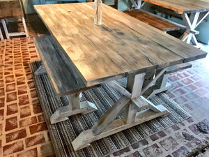 6ft Classic Pedestal Table With Benches (Gray Whitewash, Distressed White)