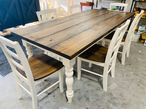 7ft Farmhouse Table With Turned Legs and Chairs (Dark Walnut, White)