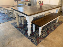 Load image into Gallery viewer, 7ft Chunky Turned Leg Farmhouse Table with Benches (Dark Walnut White)
