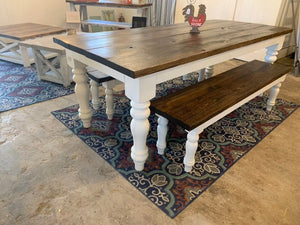 7ft Chunky Turned Leg Farmhouse Table with Benches (Dark Walnut White)