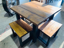 Load image into Gallery viewer, Square Farmhouse Table, Modern Farmhouse Table, Dining Set with Stools, Table with Short Benches, Provincial Brown Top and Black Base
