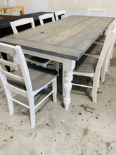 Load image into Gallery viewer, 7ft Dining Table - Classic Gray, Antique White - Wooden Turned Table Legs - Farmhouse Style Kitchen Table - With a Rustic Feel
