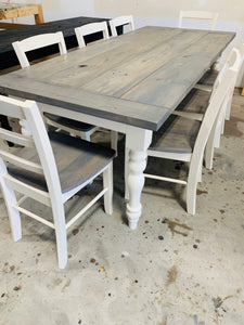 7ft Dining Table - Classic Gray, Antique White - Wooden Turned Table Legs - Farmhouse Style Kitchen Table - With a Rustic Feel