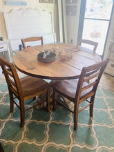 Load image into Gallery viewer, Round Dining Table - Pedestal Base - Farmhouse Round Wooden Kitchen Table - Distressed White, Provincial Brown
