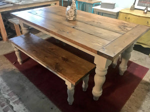 6ft Farmhouse Table with Chunky Turned Legs and Benches (Provincial, Sun Bleached Gray)