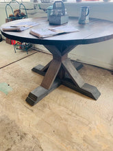 Load image into Gallery viewer, 4ft Round Pedestal Farmhouse Table Set with Metal Chairs ( Classic Gray, Dark Walnut)
