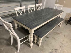 7ft Turned Leg Farmhouse Table with Bench and Chairs (Carbon Gray, White)