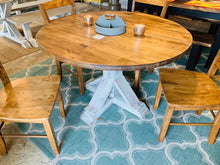 Load image into Gallery viewer, 4ft Round Pedestal Farmhouse Table Set with Chairs ( Distressed White Base, Provincial Top)
