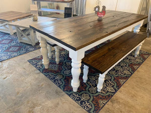 7ft Chunky Turned Leg Farmhouse Table with Benches (Dark Walnut White)