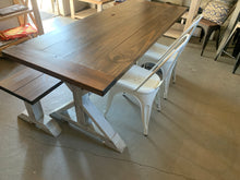 Load image into Gallery viewer, 6ft Narrow Pedestal Table with Chairs and Bench (Distressed White Dark Walnut)
