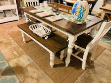 Load image into Gallery viewer, 5ft Turned Leg Farmhouse Table Set with Benches and Chairs (Dark Walnut, Antique White)
