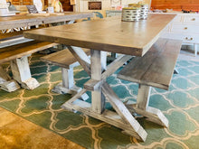 Load image into Gallery viewer, Narrow 7ft Rustic Pedestal Farmhouse Dining Table Set with Benches (Gray White Wash)
