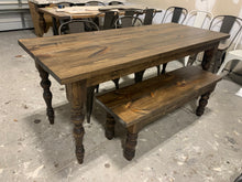 Load image into Gallery viewer, 6ft Narrow Farmhouse Table with Bench and Metal Chairs (Dark Walnut)
