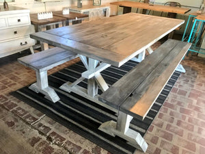 7ft Classic Pedestal Table With Benches (Distressed White, Gray White Wash)