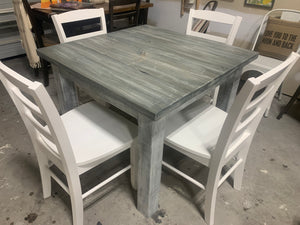 Square Farmhouse Table with Chairs (Gray White Wash, Distressed White)