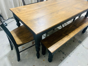 6ft Modern Farmhouse Table with Turned Legs, Bench, and Chairs (True Black, Provincial)