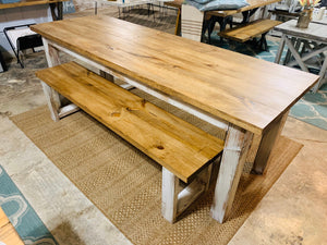 Narrow Farmhouse Table Set with Benches, Distressed White, Early American Brown, Wooden Dining Set, Kitchen Set