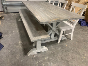 Custom: Rustic Pedestal Farmhouse Table with Chairs and Benches and Seamless Top (Gray White Wash, Distressed White)