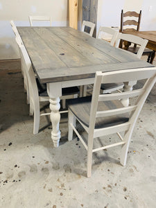 7ft Dining Table - Classic Gray, Antique White - Wooden Turned Table Legs - Farmhouse Style Kitchen Table - With a Rustic Feel
