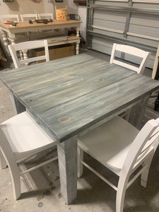 Square Farmhouse Table with Chairs (Gray White Wash, Distressed White)