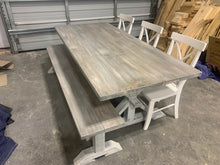 Load image into Gallery viewer, Custom: Rustic Pedestal Farmhouse Table with Chairs and Benches and Seamless Top (Gray White Wash, Distressed White)

