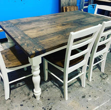 Load image into Gallery viewer, 5ft Turned Leg Farmhouse Table Set with Bench and Chairs (Dark Walnut, Antique White)
