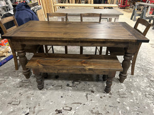 6ft Rustic Farmhouse Dining Set with Chunky Turned Legs, and Bench in Dark Walnut