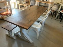 Load image into Gallery viewer, 6ft Narrow Pedestal Table with Chairs and Bench (Distressed White Dark Walnut)
