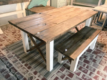 Load image into Gallery viewer, Farmhouse Table With Benches with Dark Walnut Top and Antique White Base and Cross Brace Design
