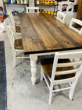 Load image into Gallery viewer, 7ft Farmhouse Table With Turned Legs and Chairs (Dark Walnut, White)
