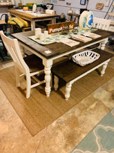 Load image into Gallery viewer, 5ft Dining Table and Benches - Turned Table Legs - Antique White, Dark Walnut - Small Kitchen Table - Breadboard Ends for a Farmhouse Look
