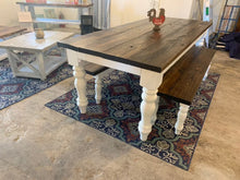 Load image into Gallery viewer, 7ft Chunky Turned Leg Farmhouse Table with Benches (Dark Walnut White)
