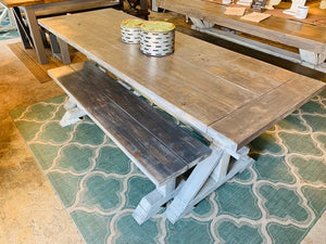Narrow 7ft Rustic Pedestal Farmhouse Dining Table Set with Benches (Gray White Wash)