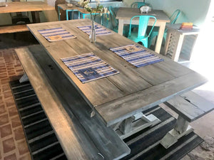 7ft Classic Pedestal Table With Benches (Distressed White, Gray White Wash)