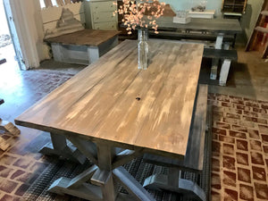 6ft Classic Pedestal Table With Benches (Gray White Wash, Distressed White)