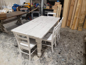 6ft Chunky Turned Leg Table with Chairs and Bench (Weathered White)