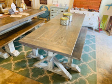 Load image into Gallery viewer, Narrow 7ft Rustic Pedestal Farmhouse Dining Table Set with Benches (Gray White Wash)
