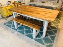 Load image into Gallery viewer, 6ft Classic X Style Farmhouse Table Set with Benches (Early American, Distressed White)
