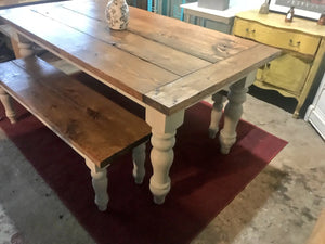 6ft Farmhouse Table with Chunky Turned Legs and Benches (Provincial, Sun Bleached Gray)
